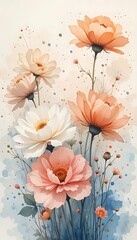 Watercolor Floral Bouquet: Peach, White, and Pink Blooms