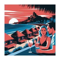 Vector Illustration of a Beautiful Beach Sunset with Calm Waves