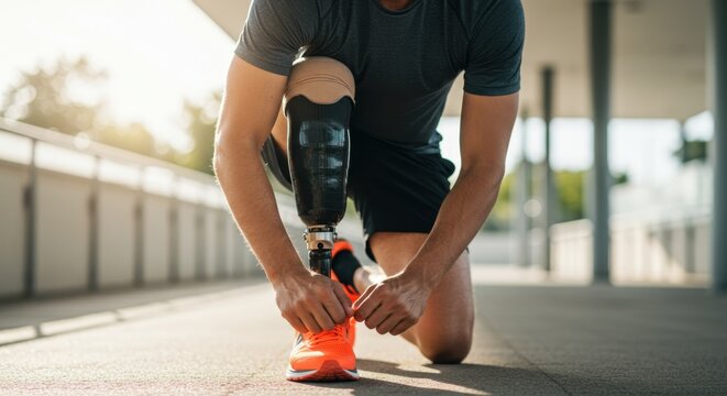 Person with prosthetic leg tying running shoes before workout - Powered by Adobe