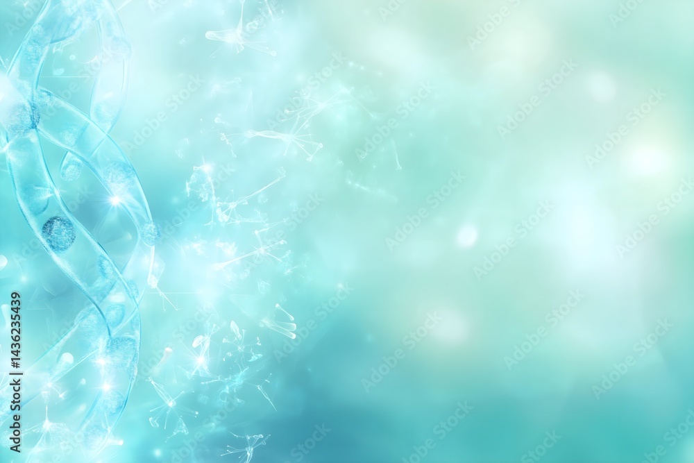 Poster a luminous abstract visualization of a dna double helix strand on a soft turquoise background. a con