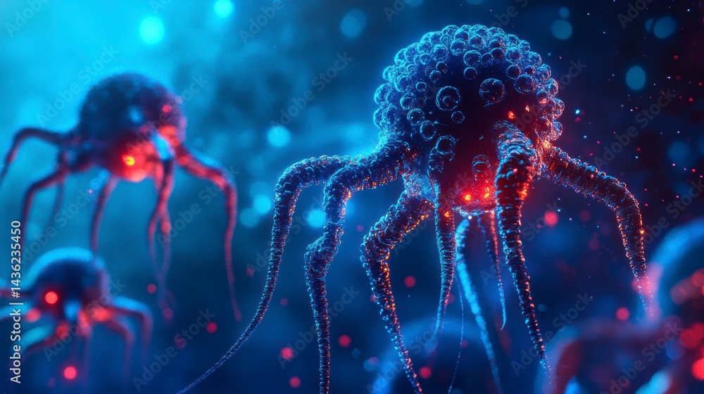 Poster microscopic view of dangerous, bioluminescent microorganisms with glowing red cores and multiple app