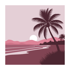 Vector Illustration of a Beautiful Beach Sunset with Calm Waves