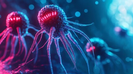 Obraz premium Microscopic view of glowing red and blue cancer cells.