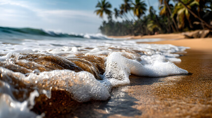 Waves rolling gently onto a golden beach, the water sparkling in the sunlight, with palm trees swaying in the background.