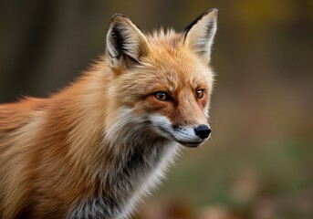 Naklejka premium 黄金色毛並み 秋の森 静かに見つめる狐