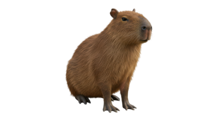 The capybara poses gracefully displaying its distinctive features against a stark black backdrop