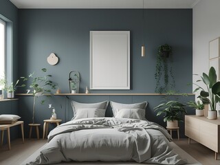 "minimal Scandinavian bedroom with matte pastel blue wall, white blank frame on wall for artwork mockup, soft linen bedding, wooden elements, indoor plant, cozy lighting, neutral tones, top quality