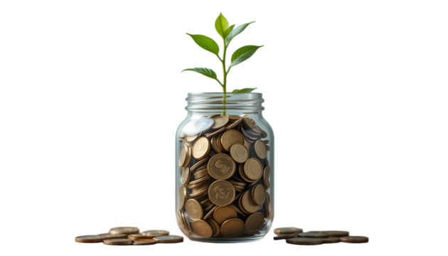 Jar of money plant economy green on transparent background, investment concept