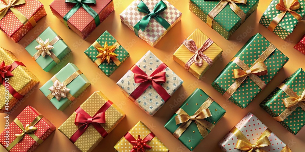 Poster a festive collection of wrapped presents with colorful ribbons and bows, arranged in a geometric pat