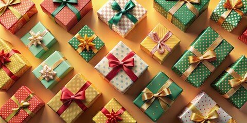 Fototapeta premium A Festive Collection of Wrapped Presents with Colorful Ribbons and Bows, Arranged in a Geometric Pattern on a Warm Background