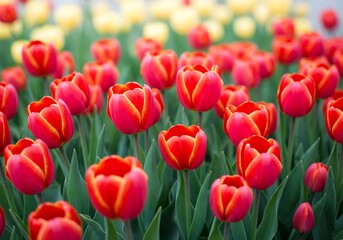 Obraz premium 鮮やか赤色チューリップ畑 春の光輝く