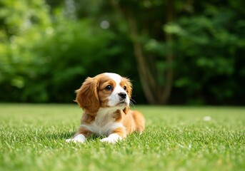 輝く緑の上 愛らしい子犬 穏やかな日差し