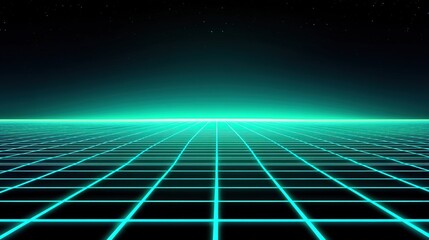 Futuristic neon grid landscape with a glowing horizon against a dark, starry sky, evoking a retro digital or sci-fi ambiance.