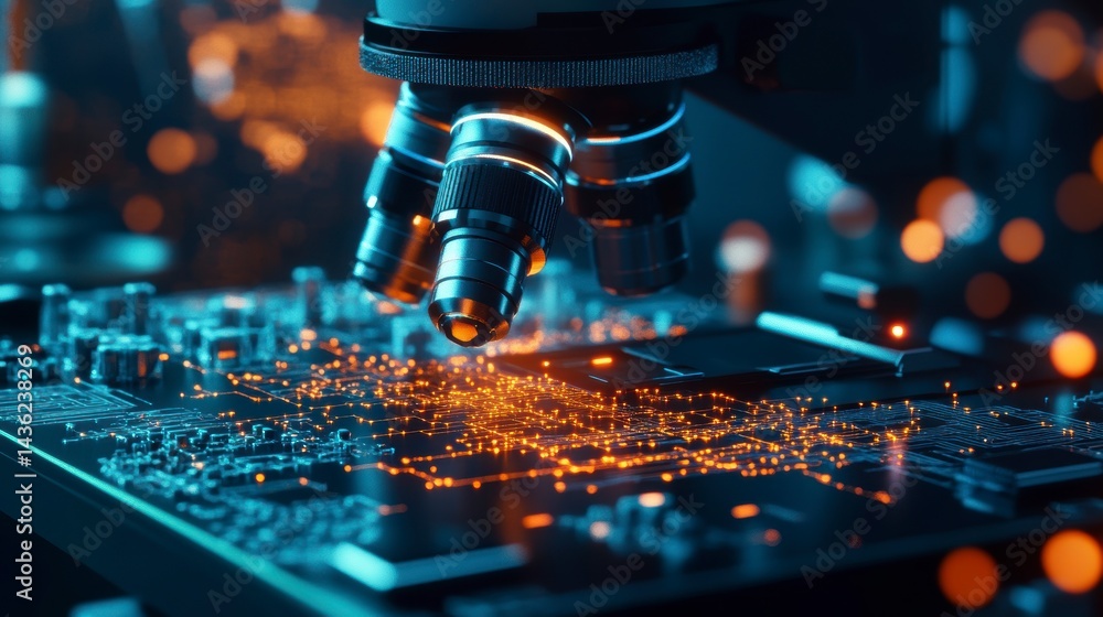 Poster close-up of a microscope lens inspecting a circuit board with glowing components.