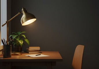 Obraz premium 静謐な書斎 温かい光と木目調デスク