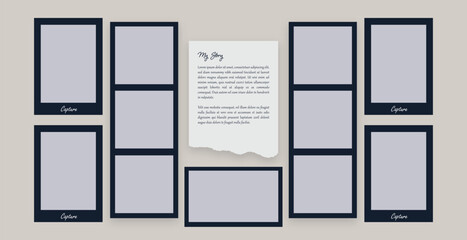 Photo Collage Template for Presentations and Social Media, Digital Scrapbook, Blank Photo Collage, Instagram story, post templates with polaroid frames,  and doodles to give a fun