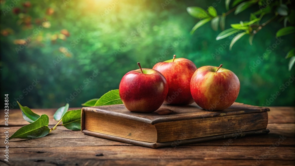 Poster rustic still life featuring three red apples resting upon an aged book in a serene outdoor setting