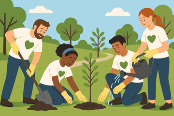 Multiethnic Group of People Planting a Tree in Nature  