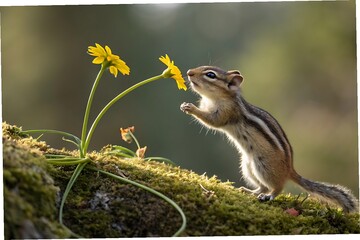 Obraz premium Curious Chipmunk Holding Yellow Flower on Moss Bed in Natural Light with Soft Bokeh Wildlife Photography