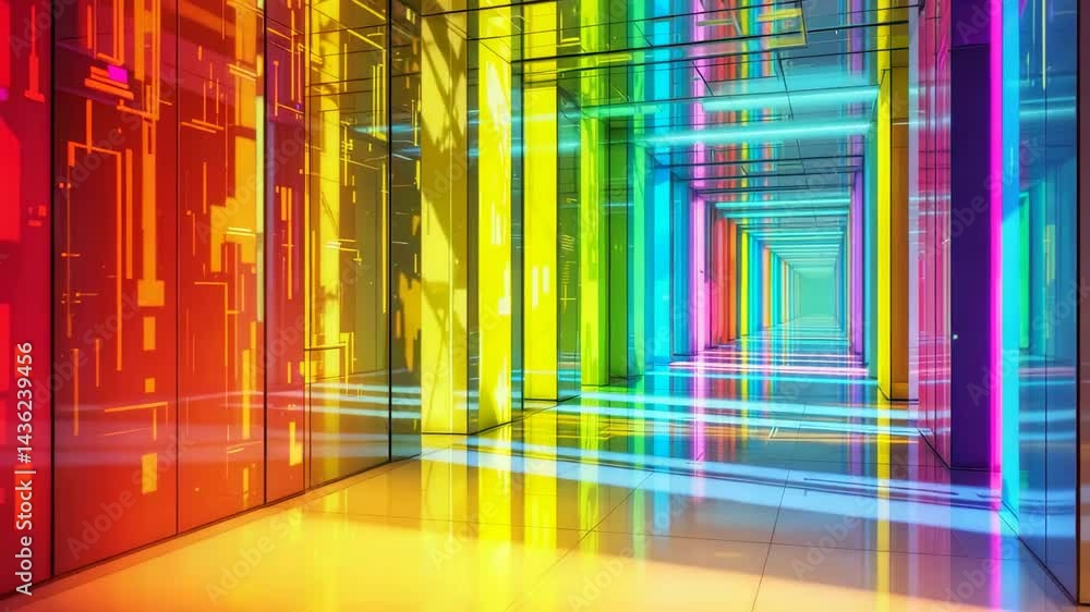 Poster vibrant hallway with colorful walls and reflections creating an abstract perspective