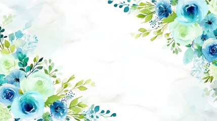 A under 200 characters: Elegant watercolor blue and green floral border design with roses and leaves on a light background, perfect for invitations or greeting cards.