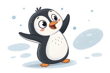 Fototapeta premium Cheerful Cartoon Penguin with Bright Orange Beak on White Background in Playful Minimalist Style