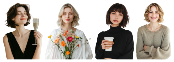 PNG Women celebrating with flowers, element set on transparent background