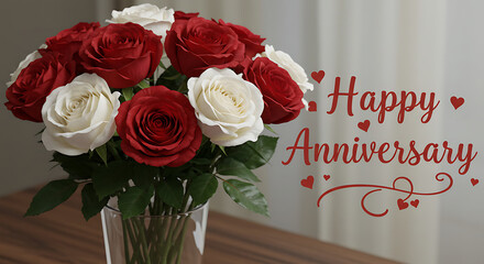 Rose Bouquet for Anniversary Red and White Flowers in Vase