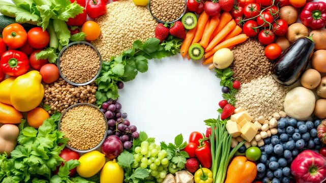 a vibrant assortment of fresh produce and healthy grains forming a border around a blank white space