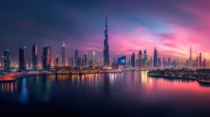 Obraz premium Dubai Skyline at Dusk: Vibrant Cityscape with Water Reflection, Modern Architecture, and Dramatic Pink Sky.
