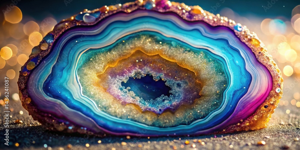 Poster a mesmerizing gemstone, radiant with iridescent hues and glittering textures, rests on a subtly spar