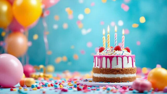 a festive birthday cake with balloons and confetti against an aqua background