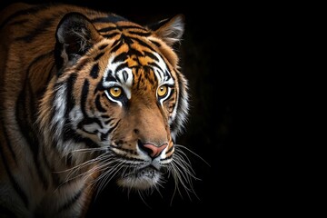 Dramatic Close-Up of Tiger Face with Piercing Yellow Eyes and Vibrant Stripes on Black Background Hyper-Realistic Wildlife Photography