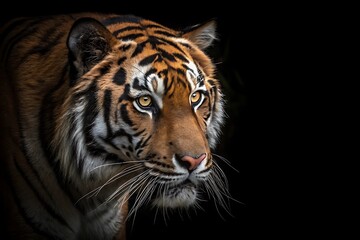 Dramatic Close-Up of Tiger Face with Piercing Yellow Eyes and Vibrant Stripes on Black Background Hyper-Realistic Wildlife Photography