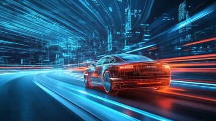 Futuristic car speeding on a highway, digital data streams around.