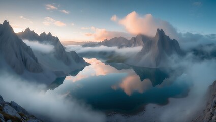 Mountain Lake Reflecting Clouds and Peaks