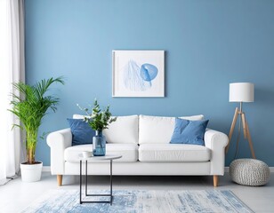 Modern living room in serene blue tones with a cozy white sofa abstract decor and a minima