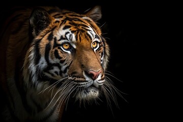 Fototapeta premium Dramatic Close-Up of Tiger Face with Piercing Yellow Eyes and Vibrant Stripes on Black Background Hyper-Realistic Wildlife Photography