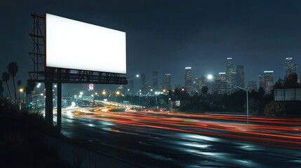 Blank billboard, highway, Los Angeles night, city lights, advertising