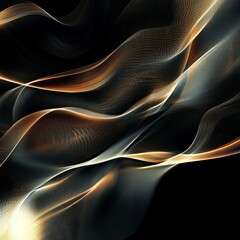 Naklejka premium Abstract Digital Art Featuring Flowing Ribbon-Like Shapes in Warm Gold and Grey Tones Against a Deep Black Background, Evoking Elegance, Movement and Sophistication Through Textured,