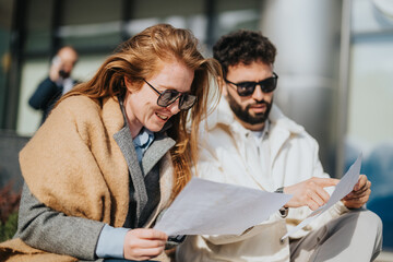 Two individuals in fashionable clothing review papers together while situated outdoors on a sunny...