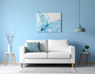 Modern living room in serene blue tones with a cozy white sofa abstract decor and a minima