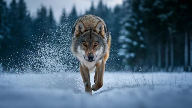 Lone wolf approaching through deep winter snow in a forest, eyes focused and determined, frosty breath and flying snowflakes visible.
