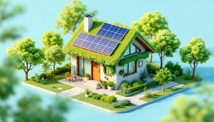 Eco-Friendly Home: A charming home epitomizes sustainability with a vibrant green roof, solar panels, and lush greenery, presenting an eco-conscious lifestyle.
