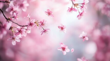 Obraz premium Beautiful close-up of delicate pink cherry blossoms with soft blurred background, showcasing vibrant flower petals, intricate branch textures and springtime serenity in a dreamy,