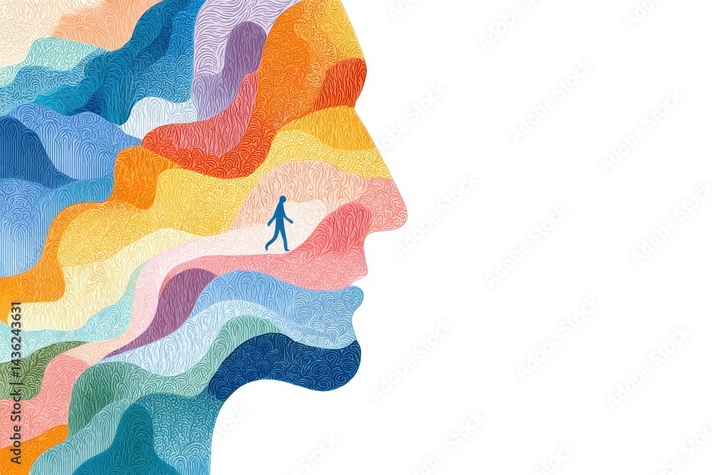 Poster abstract representation of empathy featuring vibrant colors and a walking figure amidst dynamic wave
