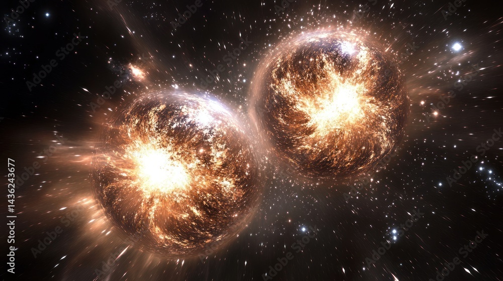 Poster cosmic dance: a digital rendering of colliding celestial bodies in deep space