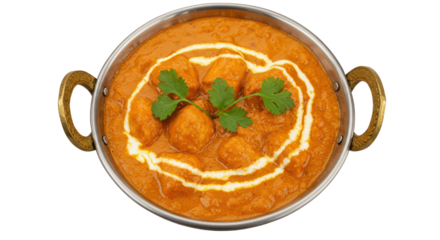 Rich savory butter chicken in a silver dish garnished with cream and cilantro