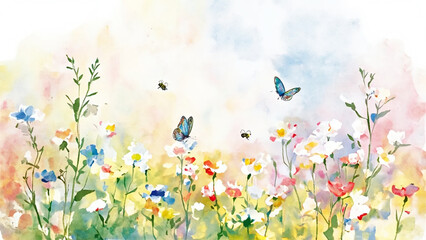 Watercolor Meadow with Blue Butterflies and Bees Floral Impressionism