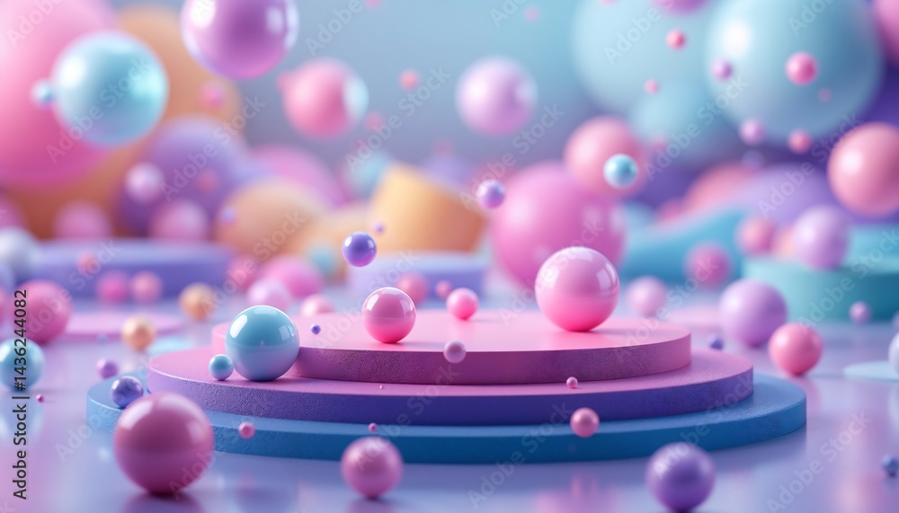 Poster pastel orb paradise: a mesmerizing display of pastel-colored spheres in various sizes float amidst a